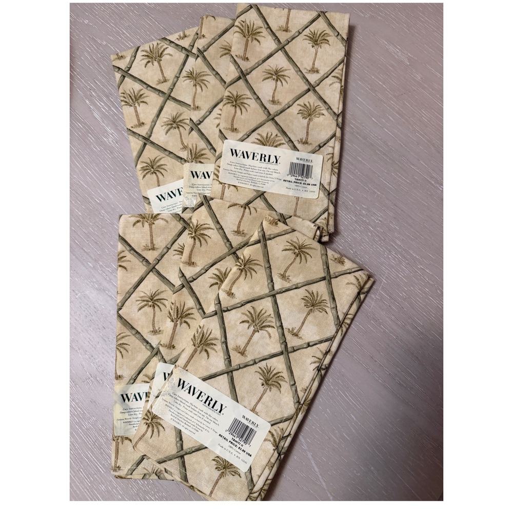 Waverly Tahiti II Palm Tree Bamboo Trellis Cotton Cloth Napkins Set of 6 New NWT